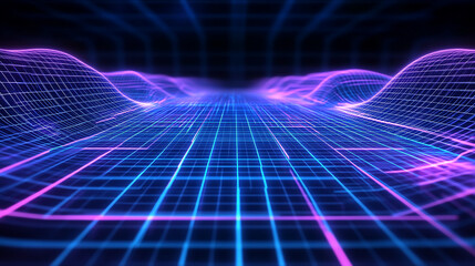 Synthwave or vaporwave aesthetic with a luminous grid pattern.