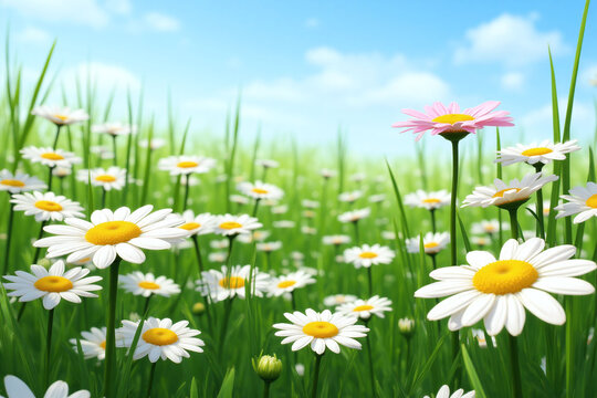 field of daisies in the grass with a blue sky in the background