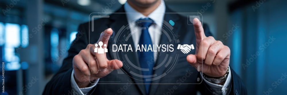 Poster business professional interacts with data analysis interface.