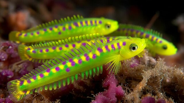 Vibrant goby fish trio resting amongst colorful sea coral reef formation, featuring bright green and purple spotted bodies.