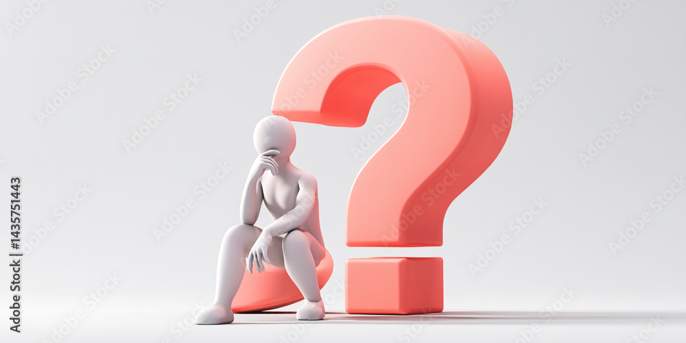 Poster white figure sits contemplating a large coral question mark, symbolizing uncertainty, inquiry, or pr