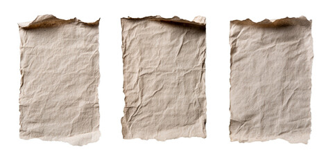 Three crumpled paper sheets are arranged on a plain white background. Each sheet has a distinct texture and tone, giving an aged, rustic feel that highlights the natural fibers and creases
