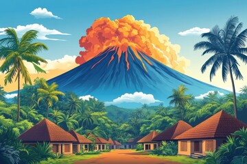 Erupting Volcano Surrounded by Tropical Landscape and Villages