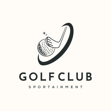 swing dynamic golf line art logo vector minimalist illustration design, golf club hitting a ball with a dynamic swing logo design