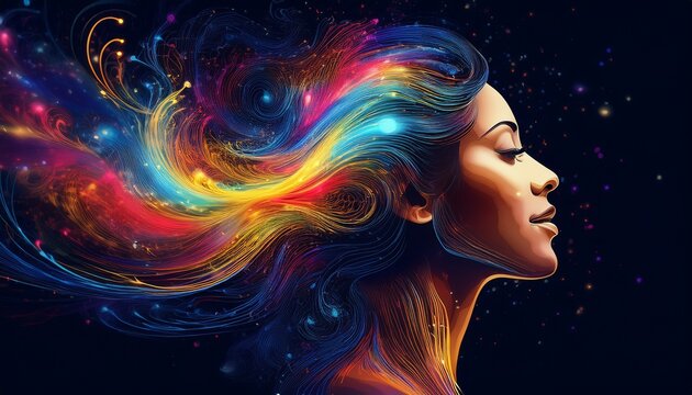 Silhouette eines Menschen vor dunklem Hintergrund, aus dem Kopf steigen bunte Farbwirbel und Lichtstrahlen auf, symbolisch f&uuml;r flie&szlig;ende Gedanken
