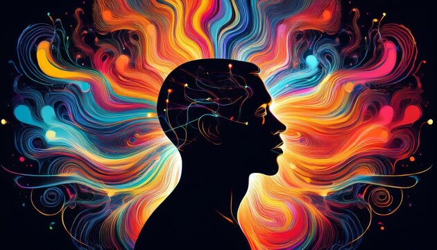 Silhouette eines Menschen vor dunklem Hintergrund, aus dem Kopf steigen bunte Farbwirbel und Lichtstrahlen auf, symbolisch f&uuml;r flie&szlig;ende Gedanken