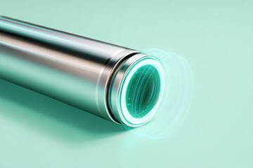 Metallic cylinder with teal light, on mint background, showcasing sleek modern design, symbolizing technology, innovation, and progress