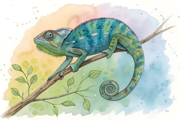 Naklejka premium Colorful Chameleon on a Tree Branch