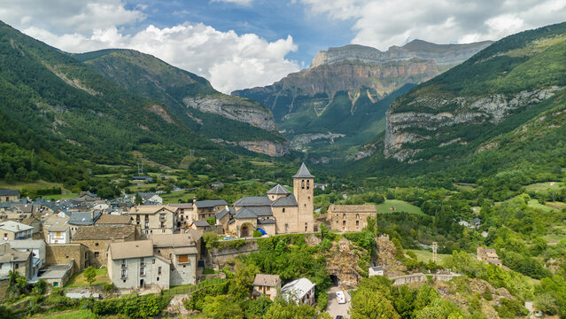 Aerial viiew of the Torla-Ordesa village in Pyrenees, Spain