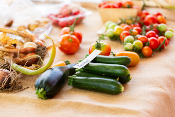 Home grown zucchinis and tomatoes on table at local fruit and vegetable crop swap event