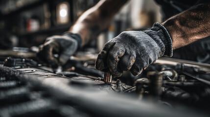 Close-up of gloved hands working on car engine, showcasing detail and precision of automotive repair, representing skill, expertise, and meticulousness in the industry