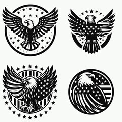 Obraz premium Bald eagle with American flag print on wings atop a ring of thirteen stars. 4th july Independence Day patriotic Clipart. Avian portrait wing design above circle vintage emblems.