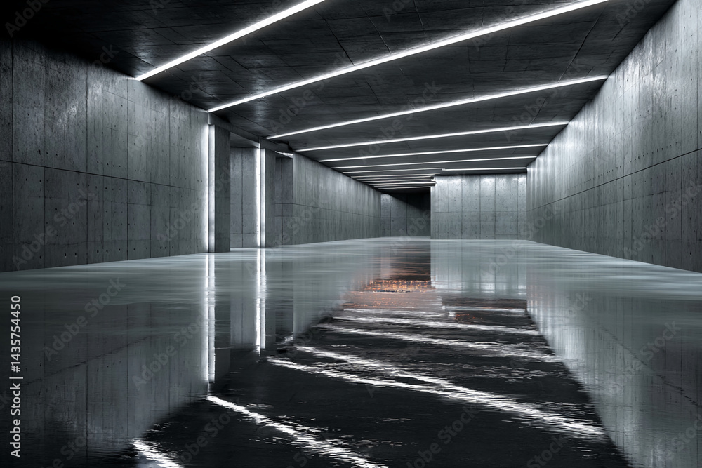 Poster concrete corridor with reflective floor, illuminated by linear lights, showcasing modern architectur