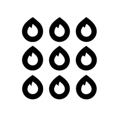 Nine identical flame icons arranged in a 3x3 grid on a white background.  Each icon depicts a stylized flame within a drop-like shape.