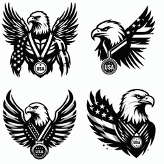 Obraz premium Bald eagle with American flag print on wings wearing a simple medal marked USA. 4th of july Independence Day patriotic Clipart.