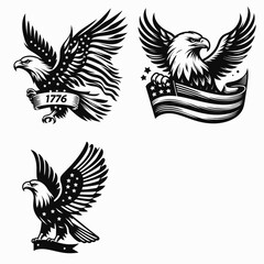 Fototapeta premium Bald eagle with American flag print on wings waving a short 1776 ribbon. 4th of july Independence Day patriotic Clipart.