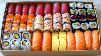 Assorted sushi and sashimi platter in a box