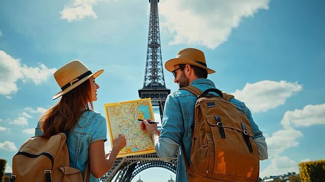 Tourists exploring Paris with map of Eiffel Tower.