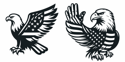 Obraz premium Bald eagle with American flag print on wings showing a friendly high five wing. 4th of july Independence Day patriotic Clipart.