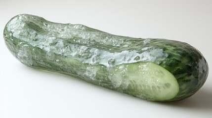 A thinly sliced cucumber piece with visible moisture, shown in a front-facing view on a clear white background