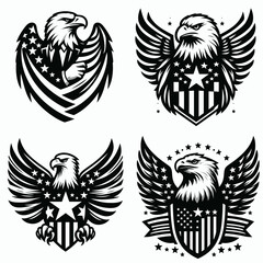 Obraz premium Bald eagle with American flag print on wings presenting a minimal star banner. 4th of july Independence Day patriotic Clipart.
