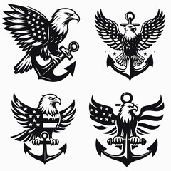  Bald eagle with American flag print on wings perched a simple anchor shape. 4th of july Independence Day patriotic Clipart.