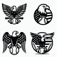  Bald eagle with American flag print on wings perched a simple baseball icon. 4th of july Independence Day patriotic Clipart.