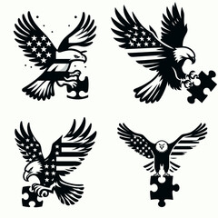 Fototapeta premium Bald eagle with American flag print on wings hovering above a small puzzle piece symbol. 4th of july Independence Day patriotic Clipart.