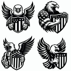 Obraz premium Bald eagle with American flag print on wings gripping a basic striped shield. 4th of july Independence Day patriotic Clipart.
