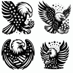 Obraz premium Bald eagle with American flag print on wings clutching a small cluster of stars. 4th july Independence Day patriotic Clipart. Avian portrait wing design celestial orb grip symbol freedom.