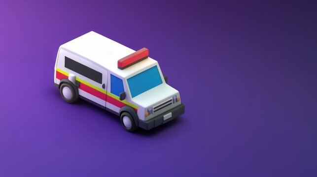 Ambulance with clock and green arrow on purple background, symbol of fast urgent medical transport, medical emergency time sensitive help