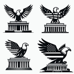  Bald eagle with American flag print on wings atop a simple Lincoln Memorial outline. 4th of july Independence Day patriotic Clipart. avian figure stars and stripes design above monument.