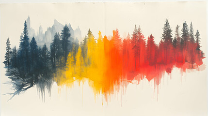 Abstract forest landscape transitioning from dark blues to vibrant reds and oranges with paint dripping effect