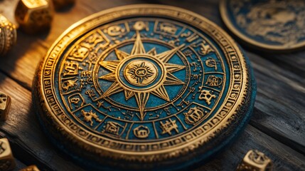 Fototapeta premium Ancient Aztec Calendar Stone with Intricate Carvings and Golden Details