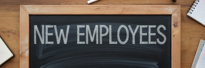 New employees announced on a wooden chalkboard.