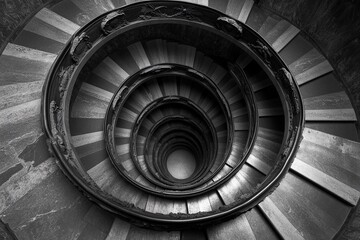 Fototapeta premium Endless spiral staircase viewed from above, showcasing a mesmerizing architectural design in a historic building