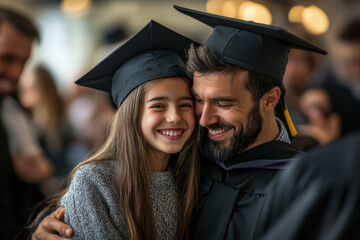 Fototapeta premium Graduate joyfully hugging daughter at ceremony, beaming with pride and love.