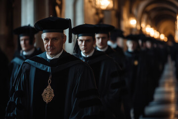 Man in black graduation gown, gold medal.