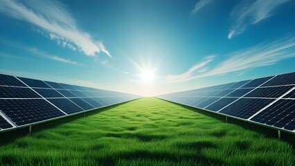 Modern Solar Panels in Green Field Under Clear Blue Sky