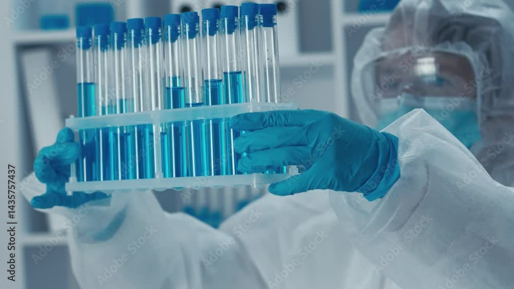 Poster a scientist in protective gear examines a rack of test tubes filled with vibrant blue solutions, sho