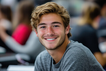 Smiling young man in classroom, surrounded by books and notes, listening attentively.