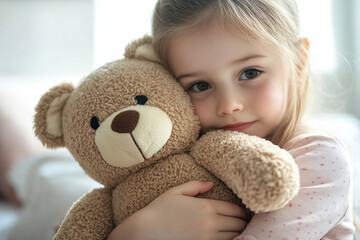 Child lovingly embraces her plush teddy bear at home during a cozy afternoon