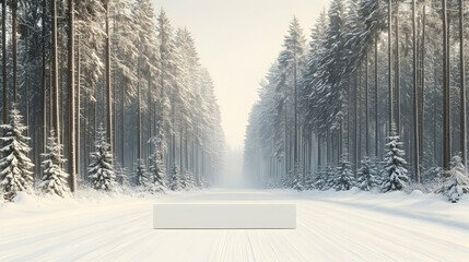 Fototapeta premium Snowy forest path with a blank sign Serene winter landscape