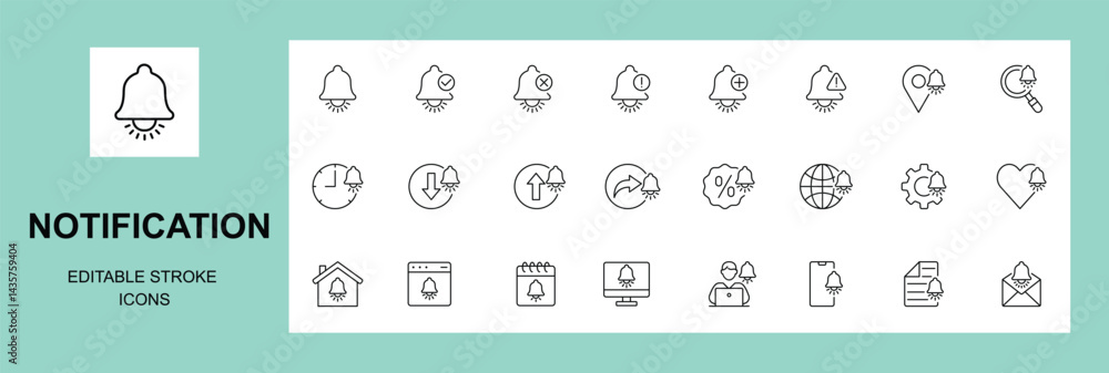 Fototapete bell notification line icon set. set of 30 outline icons related to bell, notification, alarm, messa