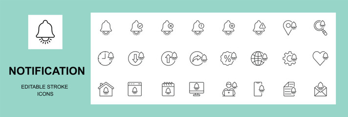 Bell notification line icon set. Set of 30 outline icons related to bell, notification, alarm, message, alert, reminder, message notification and others. Editable stroke.