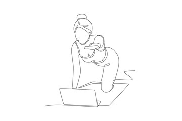 Woman watching plank movements from online class on laptop. Online fitness classes concept one-line drawing