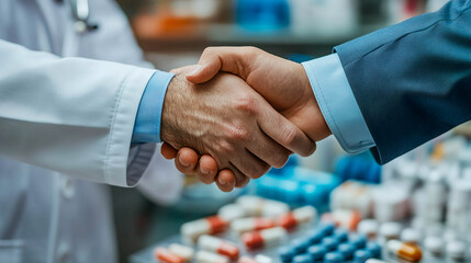 A handshake between two people. One man is wearing a white medical coat, a doctor. The other man is wearing a blue suit.
