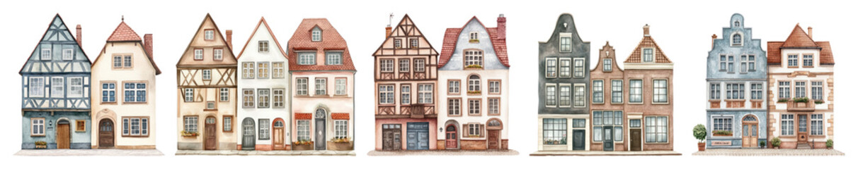 Fototapeta premium PNG Charming European architectural facades, element set on transparent background