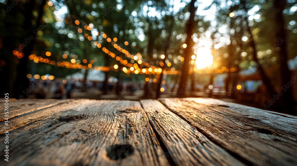 Poster rustic wooden table in focus, blurred background showcasing a sunlit park with string lights and peo