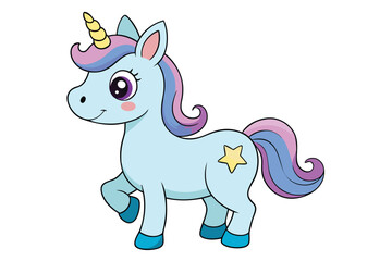 Cute cartoon character happy magic unicorn on white